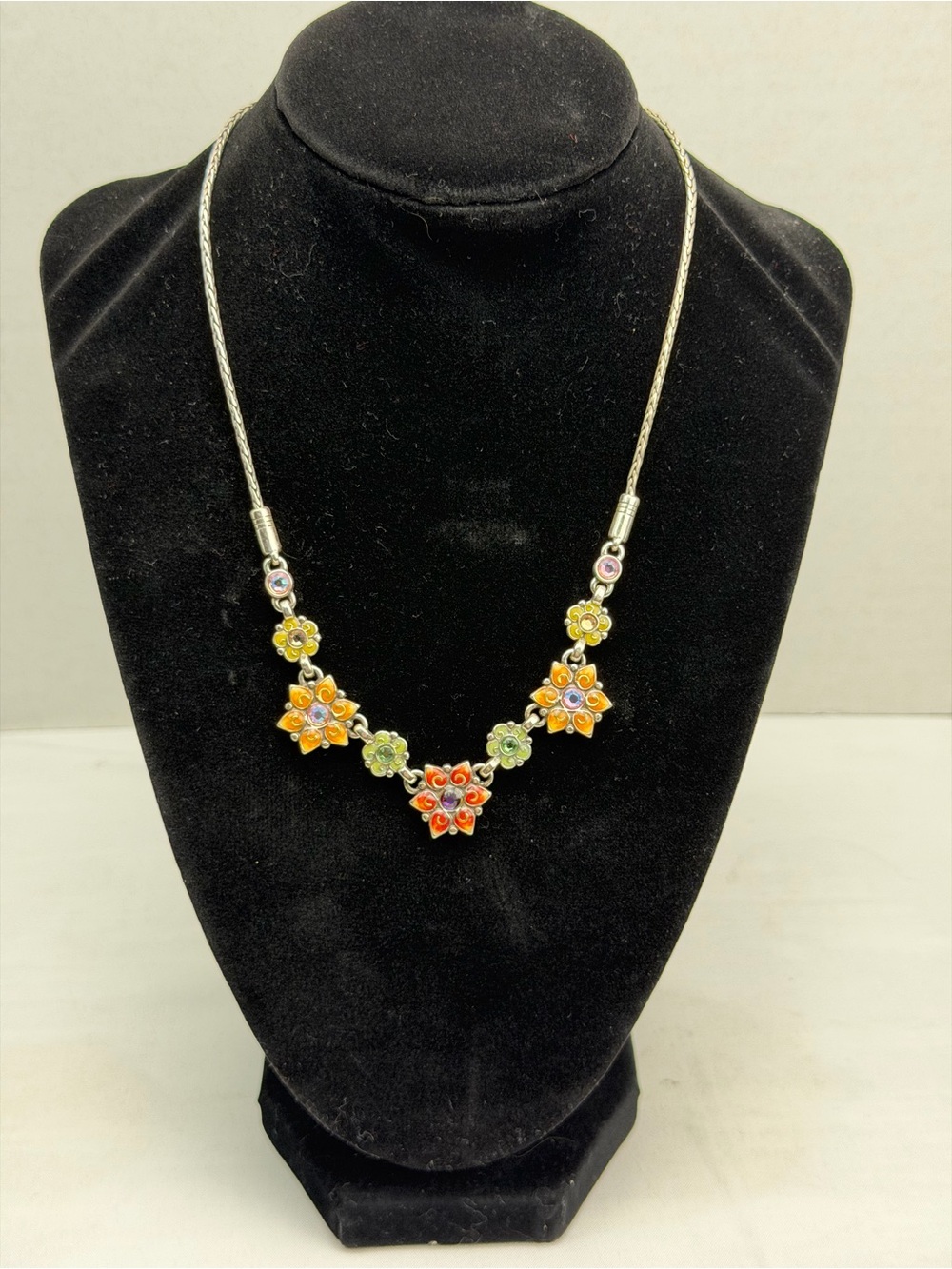 Brighton Floral Rhinestone Cluster Bib Necklace Silver Tone Multi-Color retired